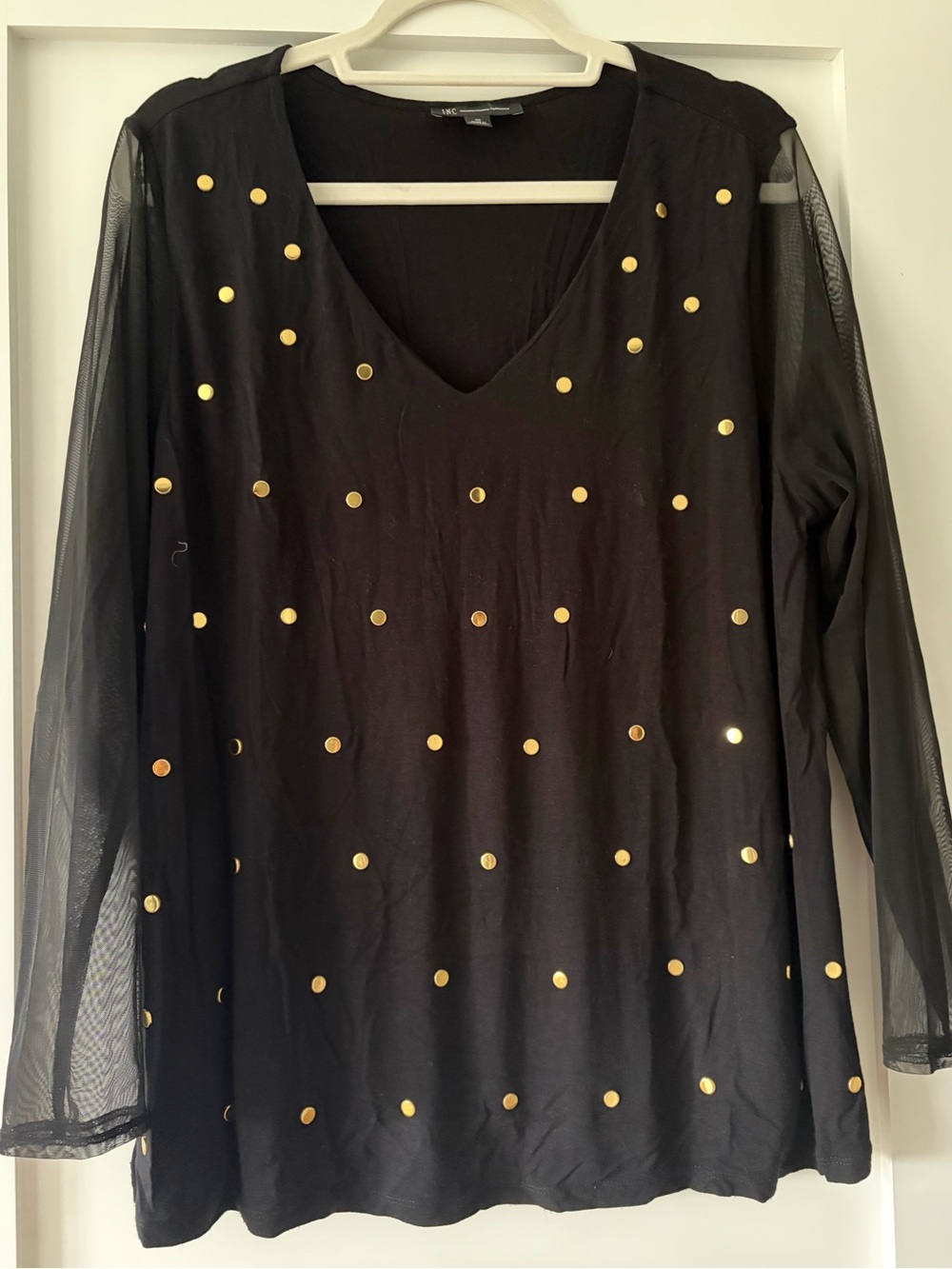 INC International Concepts Black Long Sleeve V-Neck Top with Gold Studs